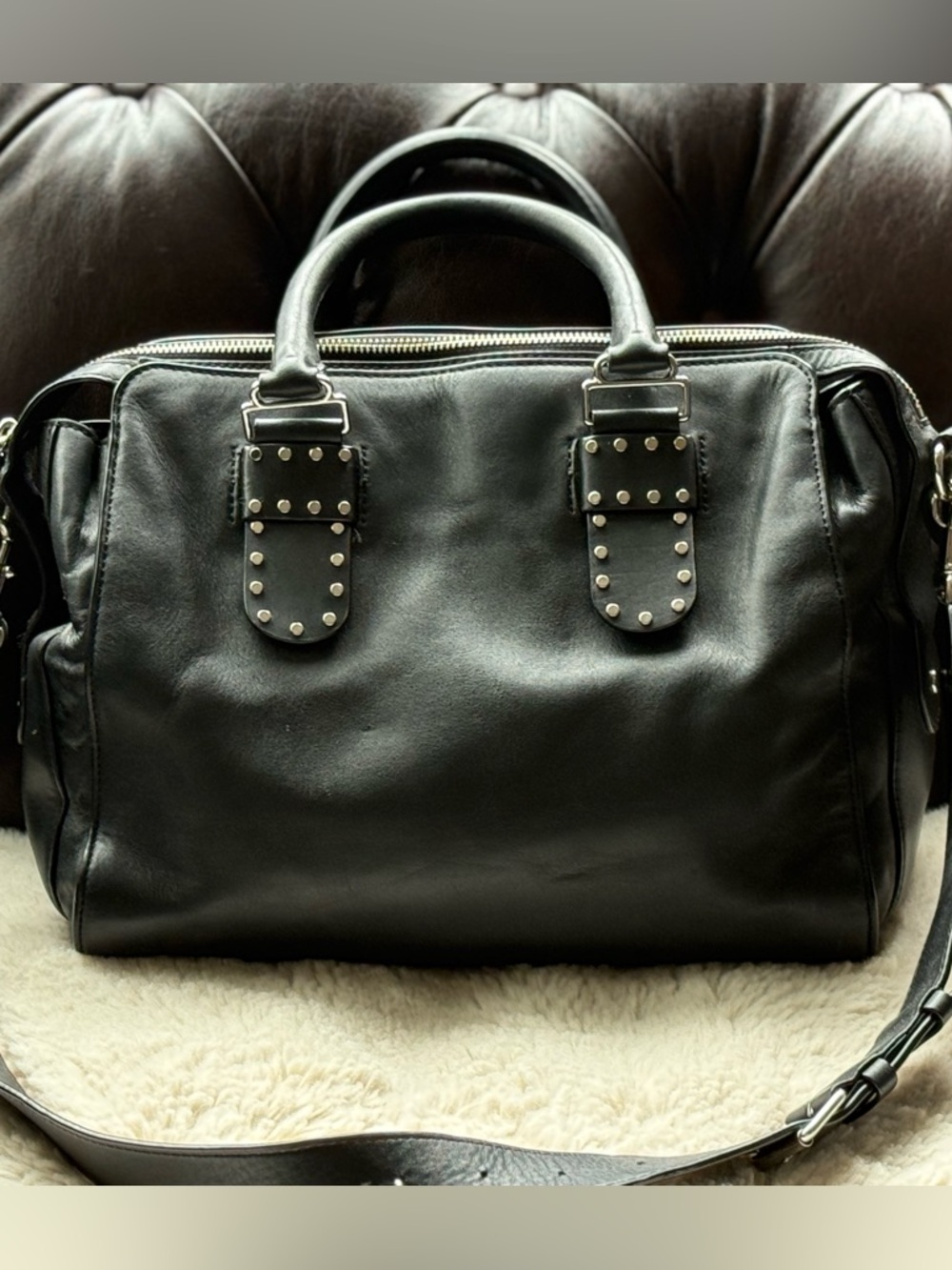 Rebecca Minkoff EUC Black Leather Stud-Accent Midnighter Satchel Edgy